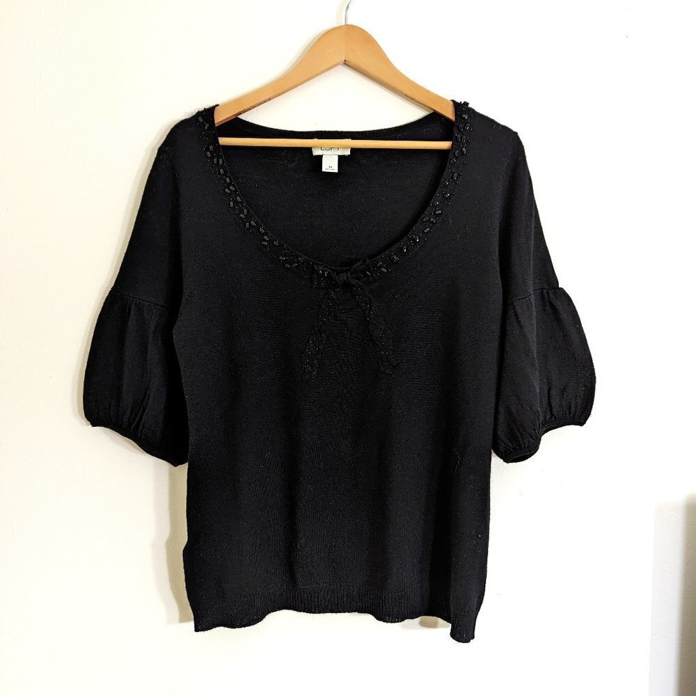NWOT LOFT Wool Blend Sweater Scoop Neck Beaded Bow Detail Bell Sleeve Black‎ XL